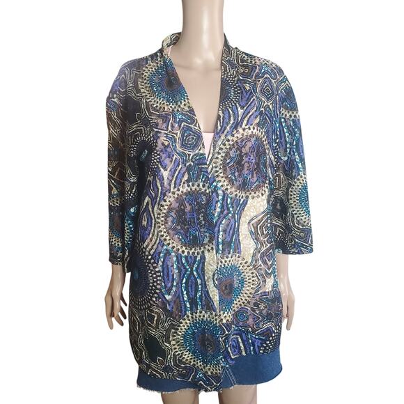 Chico’s Top Size XL (3) Mesh Artsy Lightweight Open Front Cardigan Medallions - Picture 1 of 8